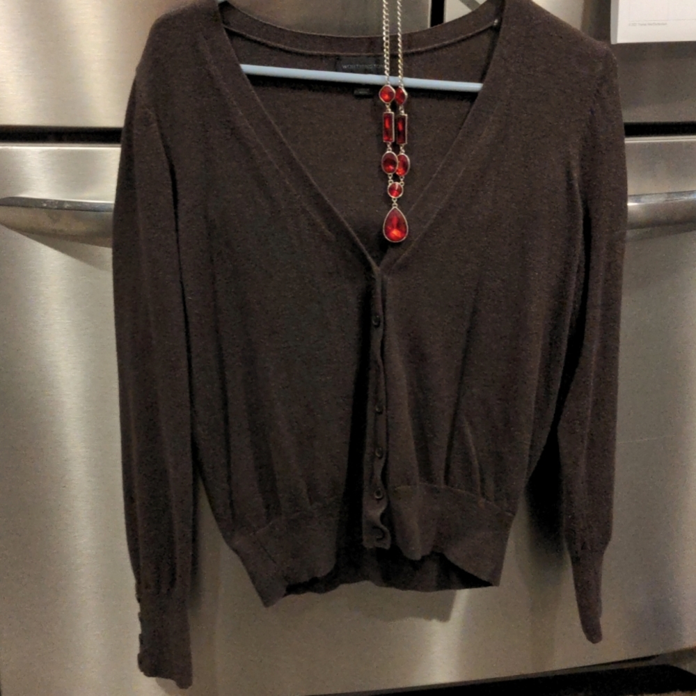 Dark Brown cardigan Worthington size medium waist length with front buttons